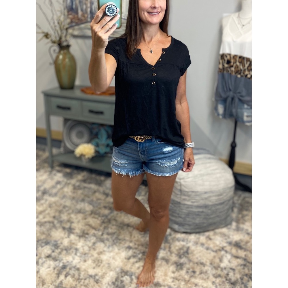 Melange Burnout Henley V-neck Floaty Short Cuffed Tabbed Sleeve Black 3221 - Picture 12 of 13